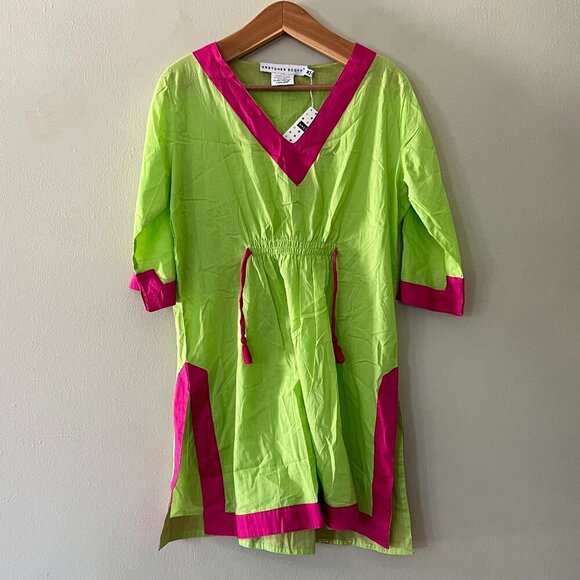 NWT Gretchen Scott M V-Neck 3/4 Sleeve Tied Up Dress Fuchsia/Lime Side Slit - Picture 1 of 8